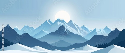 A flat design illustration of a snowy mountain range The minimalist style uses cool tones and simple shapes to capture the majestic beauty of the peaks and valleys The 3D elements add depth to the