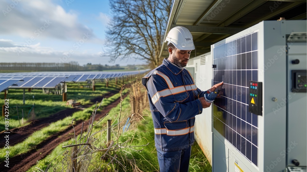 An engineer checking a solar panel controller unit, the location is on a solar farm with solar panels visible and battery units. Generative AI. An engineer checking a solar panel controller unit, the location is on a solar farm with solar panels visible and battery units. Generative AI.