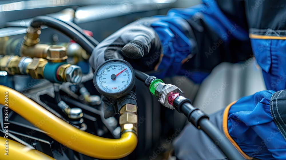 Heat and Air Conditioning service technician using measuring manifold gauge checking refrigerant Heat and Air Conditioning service technician using measuring manifold gauge checking refrigerant