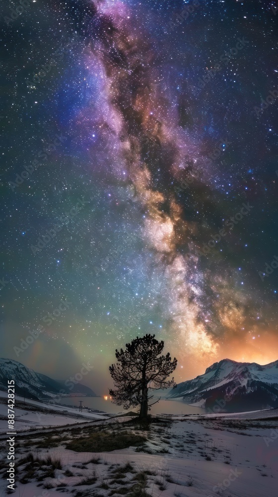 Snowy landscape with tree and vibrant Milky Way sky. Snowy landscape with tree and vibrant Milky Way sky.