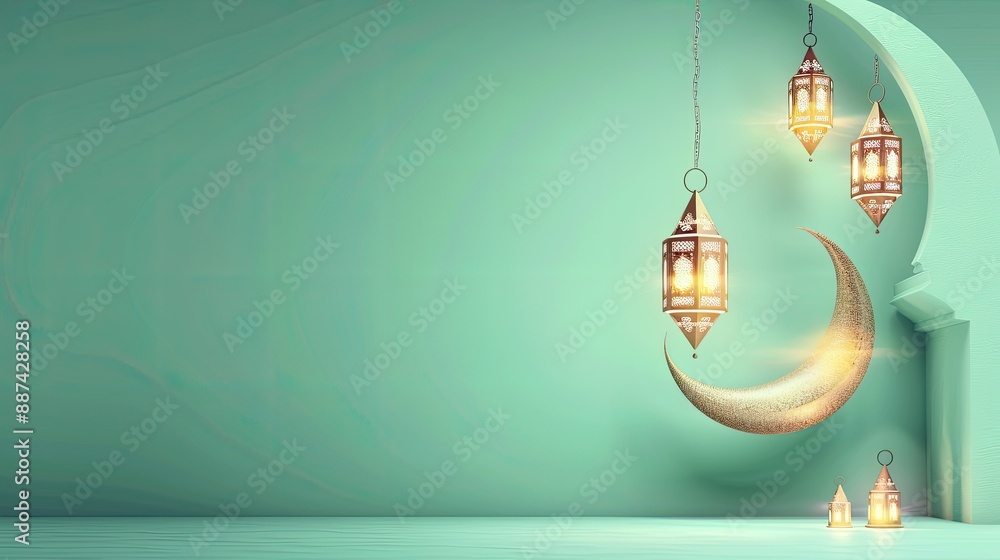 islamic greetings card ramadan kareem card design template background with beautiful lanterns and crescent moon on pastel green background islamic greetings card ramadan kareem card design template background with beautiful lanterns and crescent moon on pastel green background