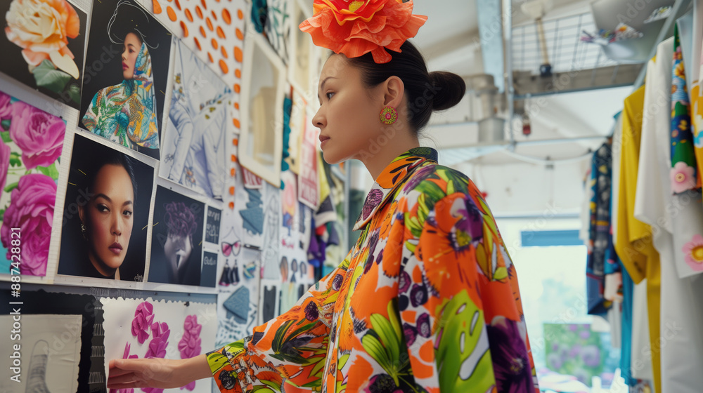 Fototapeta premium Fashion designer in a colorful studio evaluating patterns and fabric samples on a wall. Textile design, creative process, fashion development, designer workspace, inspiration board.