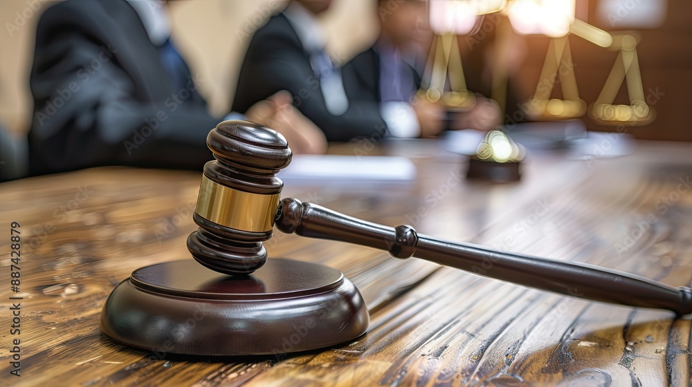 Judge gavel with Justice lawyers having team meeting at law firm background. Concepts of Law and Legal services Judge gavel with Justice lawyers having team meeting at law firm background. Concepts of Law and Legal services