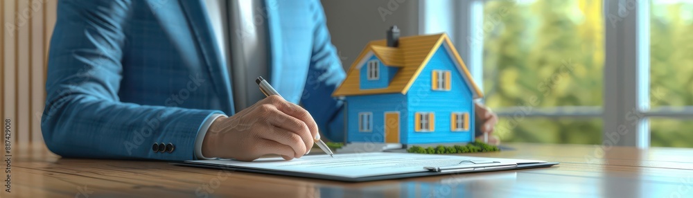 Fototapeta premium A person in a suit signing a document with a model house on the table
