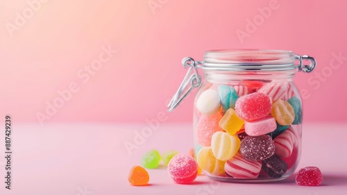 Colorful assortment of candies in a glass jar on a pastel pink background, evoking a sense of sweetness.