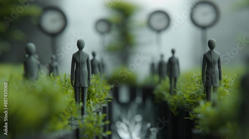 A crisp detailed photo of business figurines with clock faces arranged in a modern office diorama with walls made of cascading water and furniture crafted from realisticlooking plants creating a strik photo