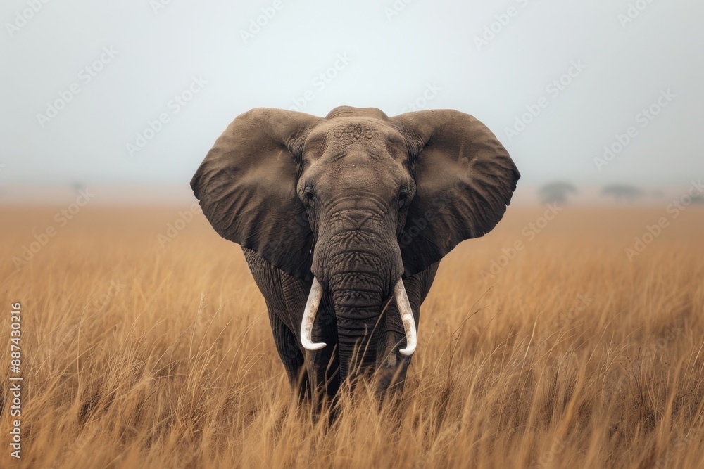 Front view of an elephant standing in a vast grassy savannah Front view of an elephant standing in a vast grassy savannah