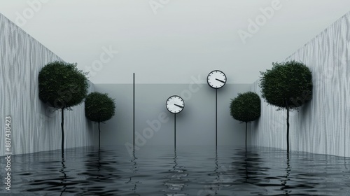 A crisp detailed photo of business figurines with clock faces arranged in a modern office diorama with walls made of cascading water and furniture crafted from realisticlooking plants creating a strik photo