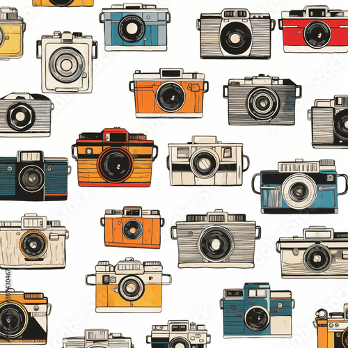 Pattern Of Old Cameras In Various Colors And Models On A White Background