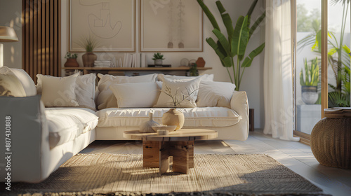 Home interior mock up  cozy modern room with natural wooden furniture  3d render Stock Illustration