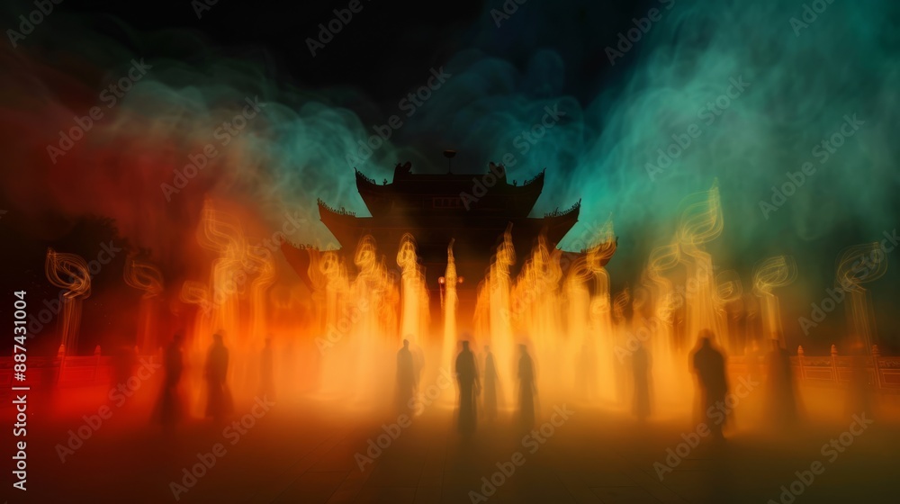 A crisp clear photograph of a temple diorama with worshippers surrounded by floating symbols and spirits set against a swirling mist background that forms mystical patterns A crisp clear photograph of a temple diorama with worshippers surrounded by floating symbols and spirits set against a swirling mist background that forms mystical patterns
