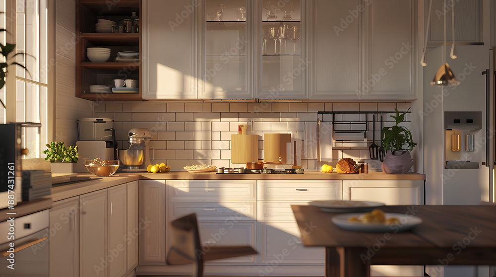 Home mock up, cozy modern kitchen interior background, 3d render Stock Illustration Home mock up, cozy modern kitchen interior background, 3d render Stock Illustration