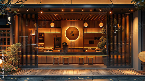 Japanese restaurant outdoor door design, front view, wooden material, warm color tone. Generative AI.