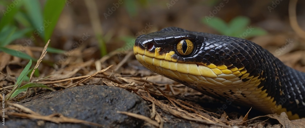 Boiga snake dendrophila yellow ringed, Head of Boiga dendrophila, animal closeup, animal attack. Boiga snake dendrophila yellow ringed, Head of Boiga dendrophila, animal closeup, animal attack.