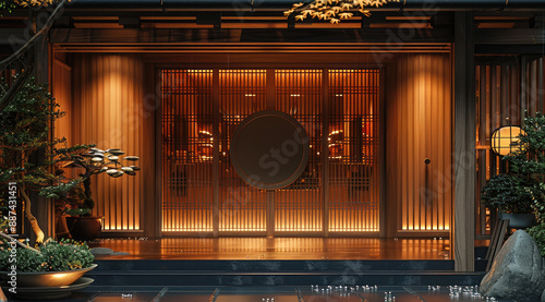 Japanese restaurant outdoor door design, front view, wooden material, warm color tone. Generative AI.