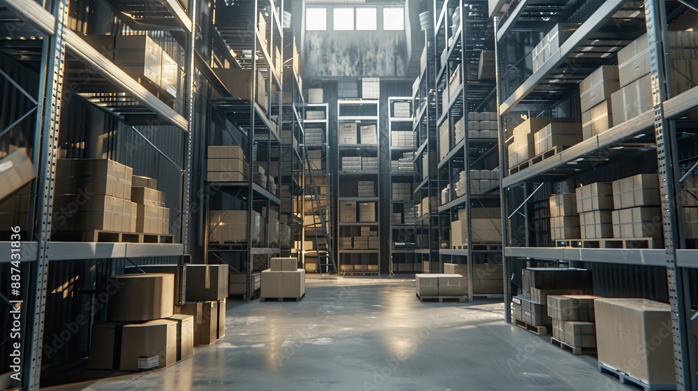 Interior View of Warehouse Filled with Stacked Boxes and Packages Interior View of Warehouse Filled with Stacked Boxes and Packages