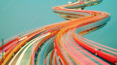 A crisp clear photograph of a highway system model spiraling into the sky with realisticlooking hovering cars and swimming bus figurines and trains traveling along light beams photo