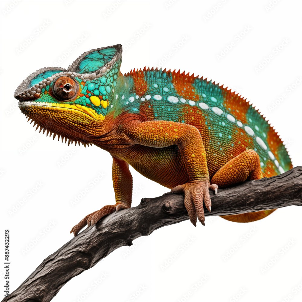 Obraz premium Colorful Chameleon With Red and Blue Stripes Sitting on a Branch Isolated on White Background