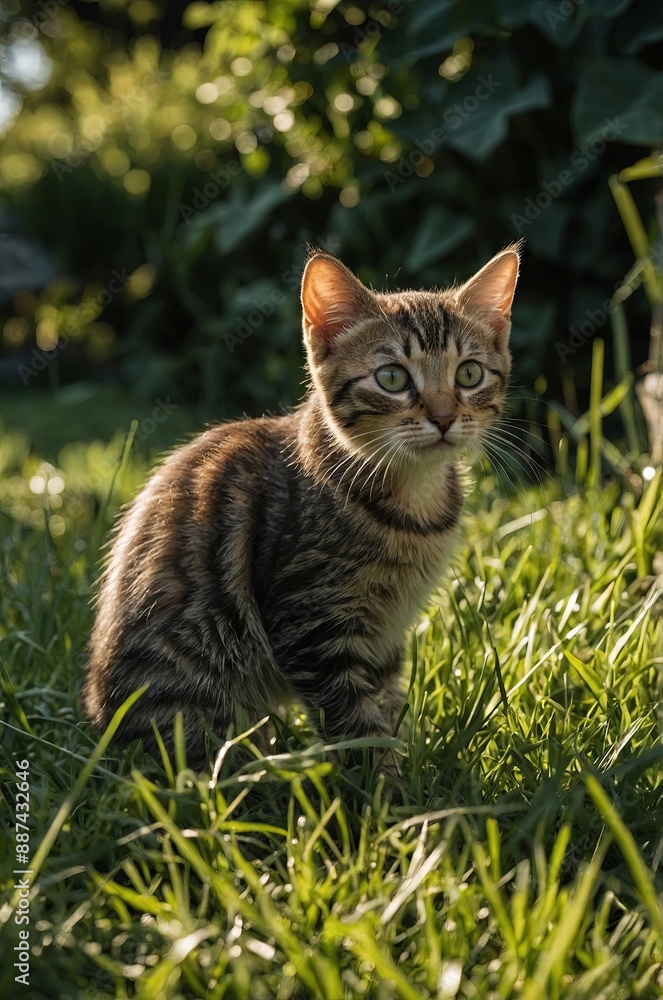 Beneath the dappled sunlight in a verdant garden, a young tabby kitten with mesmerizing eyes explores the lush grass,. Beneath the dappled sunlight in a verdant garden, a young tabby kitten with mesmerizing eyes explores the lush grass,.