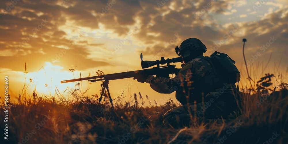 A military personnel with a rifle standing in a field during sunset, can be used for scenes of war, military training, or patriotic events A military personnel with a rifle standing in a field during sunset, can be used for scenes of war, military training, or patriotic events
