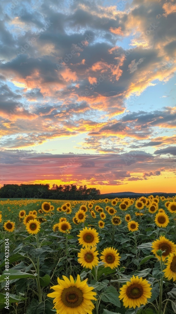 Fototapeta premium A field of sunflowers basks in the warm glow of a sunset, their golden petals reaching towards the vibrant sky