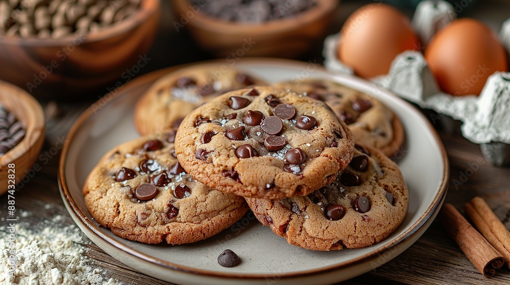 Homemade Chocolate Chip Cookies on Plate with Baking Ingredients Homemade Chocolate Chip Cookies on Plate with Baking Ingredients