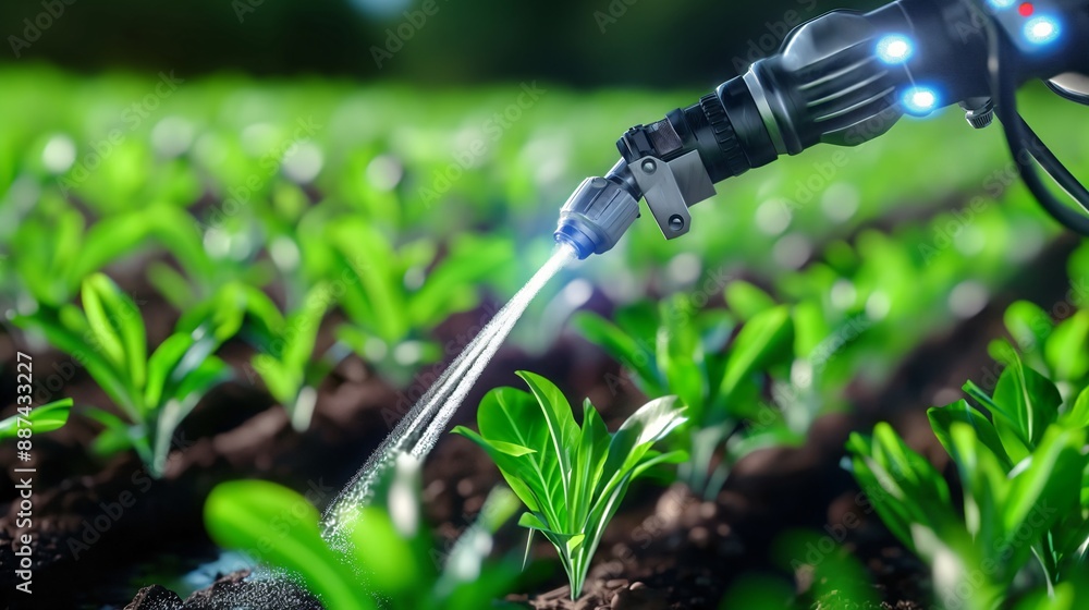 Macro shot of an automated farming robot watering crops Macro shot of an automated farming robot watering crops