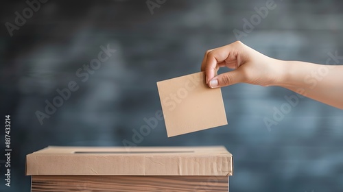 Closeup of hand inserting envelope in ballot box. photo