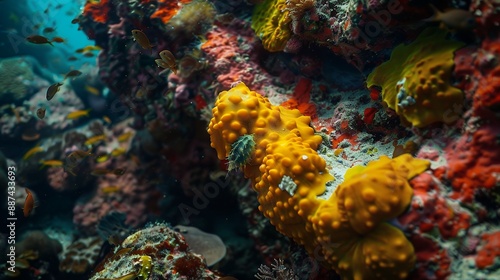 A close up of an underwater coral reef with yellow and green sponges, red rock walls in the Caribbean Sea. Fish are swimming around, and a small green sea cucumber is hiding between the rocks. This wa
