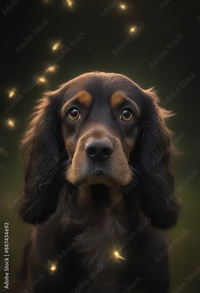 English Cocker Spaniel surrounded by twinkling fireflies on a magical summer evening. English Cocker Spaniel surrounded by twinkling fireflies on a magical summer evening.