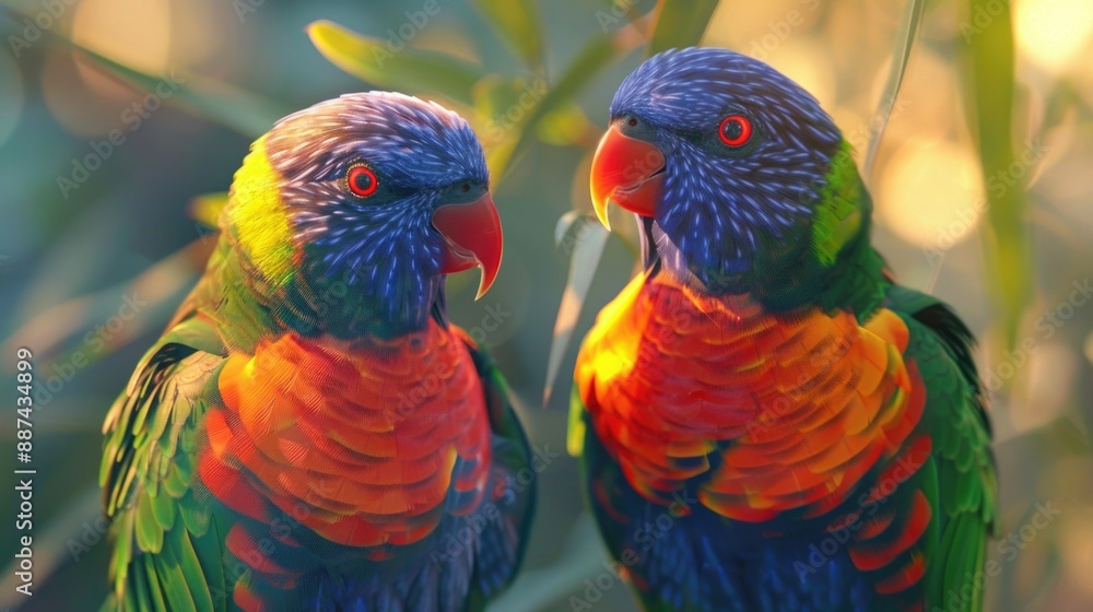 Two colorful birds perched next to each other, featuring vibrant plumage and unique beak shapes Two colorful birds perched next to each other, featuring vibrant plumage and unique beak shapes