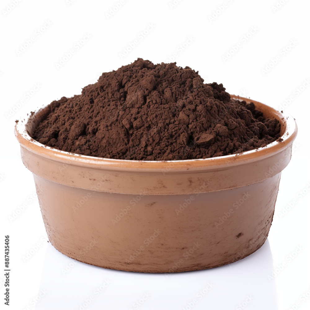 Close-Up Of Pot Filled With Rich Dark Soil On White Background, Gardening Concept