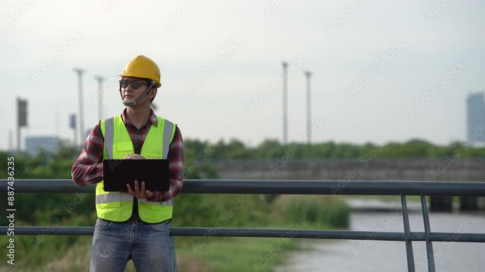 A man wearing a yellow vest and a hard hat is standing on a bridge with a laptop in his hand A man wearing a yellow vest and a hard hat is standing on a bridge with a laptop in his hand