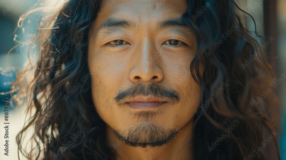 A close-up portrait of an Asian man with long, wavy hair, his gaze fixed on the viewer with a contemplative expression A close-up portrait of an Asian man with long, wavy hair, his gaze fixed on the viewer with a contemplative expression