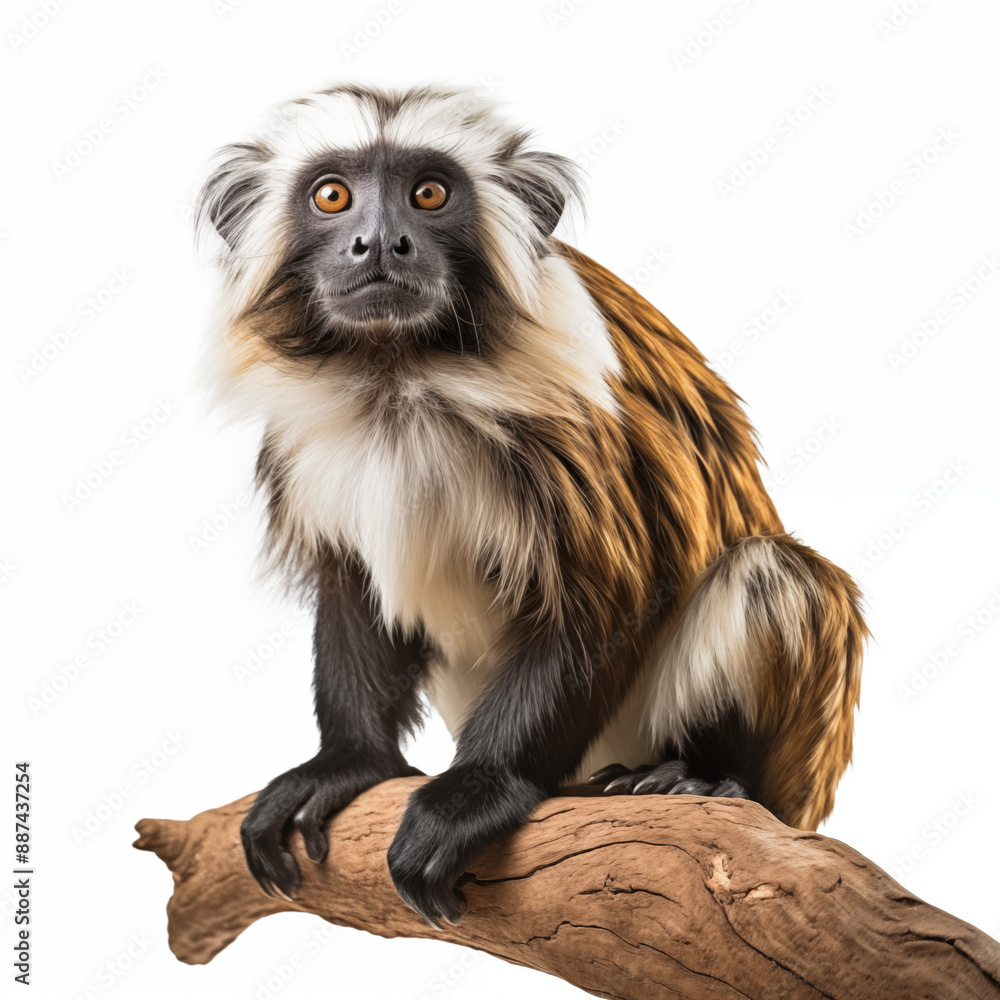 Obraz premium Cotton-Top Tamarin Perched On Wooden Branch On White Background