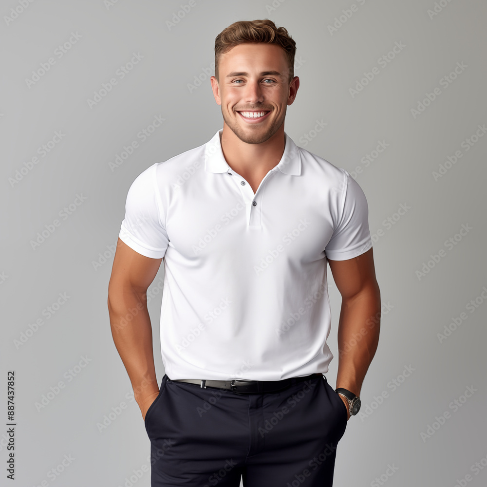 Fototapeta premium Smiling Athletic Man In White Polo Shirt And Black Pants Isolated On Gray Background