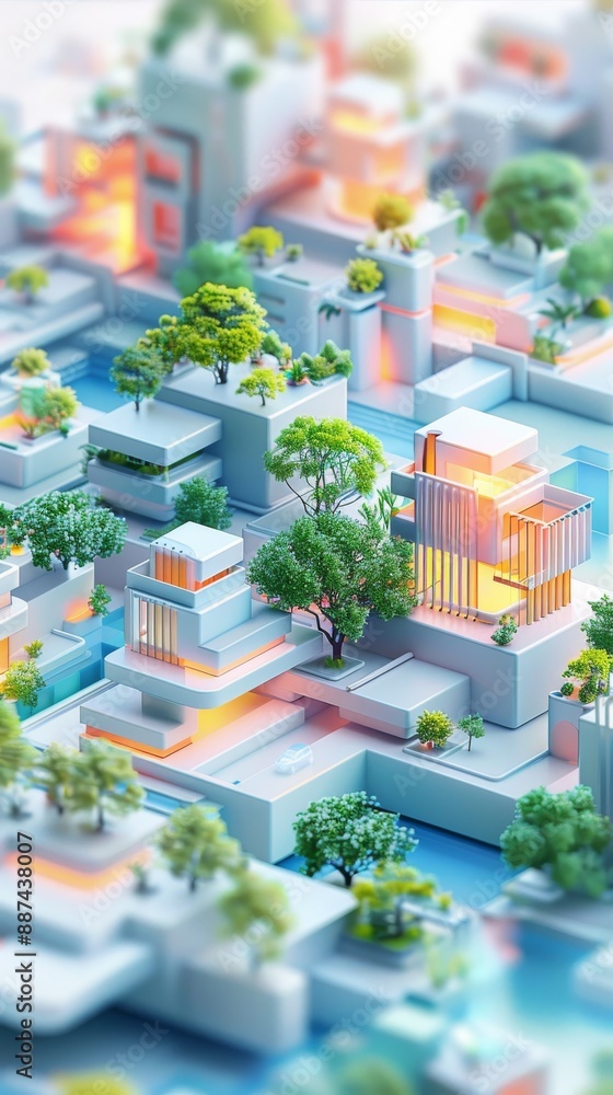 Fototapeta premium Abstract Futuristic 3D Render Minimalistic Style with Floating Geometric Shapes Isometric Design, Light Color Theme, Bright Background, and Soft Lighting
