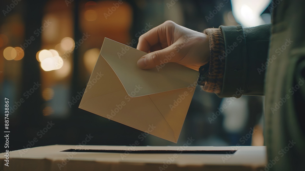 Closeup of hand inserting envelope in ballot box. Closeup of hand inserting envelope in ballot box.