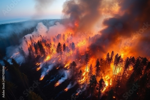 Devastating pine forest fire high smoke and orange flames seen from above in a natural disaster