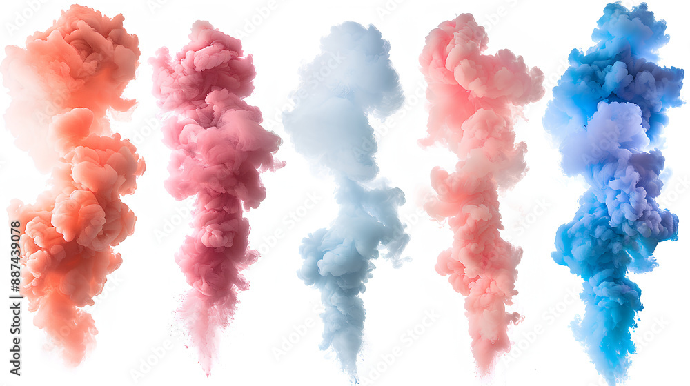 Set of colorful smoke explosions and blasts isolated on white background Set of colorful smoke explosions and blasts isolated on white background