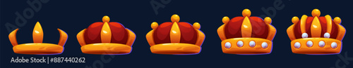 Gold crown with red pillow and gemstones for game ui level rank design. Cartoon vector illustration set of royal golden jewel corona. Steps of evolution process of kingdom royalty treasure sign.