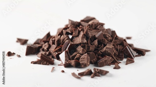 A pile of chocolate chips on a white surface, ideal for baking or decorating