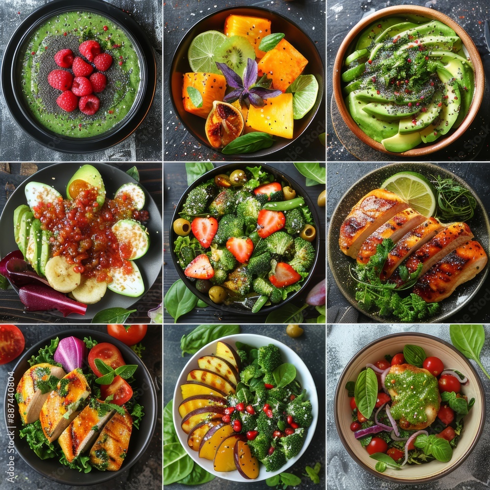 A collage of various healthy and colorful dishes including a smoothie bowl with fruits, a plate of grilled vegetables, a bowl of mixed greens salad, a plate of roasted chicken with vegetables, and a b A collage of various healthy and colorful dishes including a smoothie bowl with fruits, a plate of grilled vegetables, a bowl of mixed greens salad, a plate of roasted chicken with vegetables, and a b