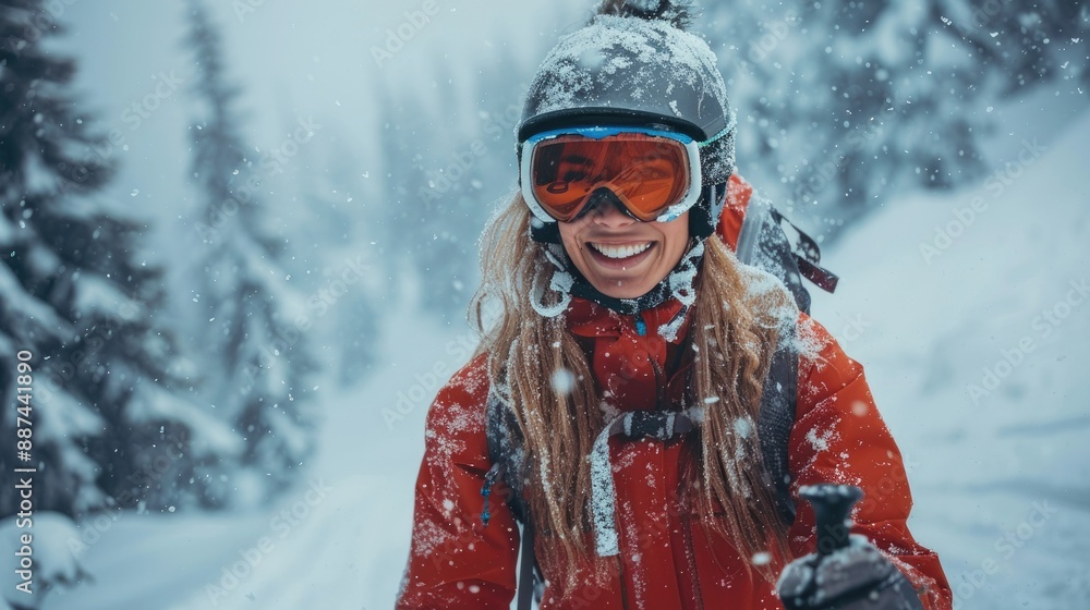 A beautiful girl with a great figure skiing joyfully in the snow while wearing a helmet A beautiful girl with a great figure skiing joyfully in the snow while wearing a helmet