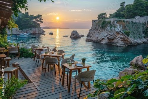 Picturesque outdoor restaurant overlooking sunset sea view