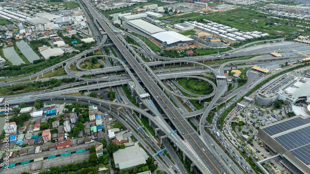 Naklejka premium Burapha Withi Expressway, Industrial Ring Road, Bangna Intersection, Routes, Ring Road intersections, intercity connections for transportation, Bangkok Thailand