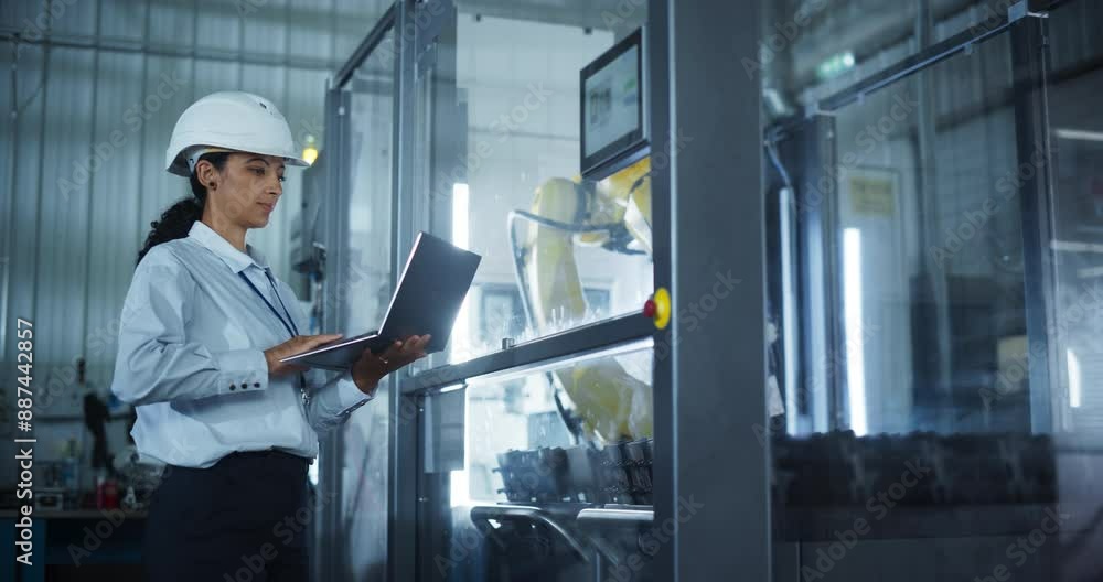 Hispanic Female Engineer Using Laptop Computer to Control a Robotic Arm at a Metal Components Production Factory. Young Woman Working on Manufacturing of Innovative Parts for Technology Systems Hispanic Female Engineer Using Laptop Computer to Control a Robotic Arm at a Metal Components Production Factory. Young Woman Working on Manufacturing of Innovative Parts for Technology Systems