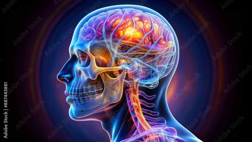 Highly detailed x-ray image of a human head showcasing the amygdala in stunning 3D photorealism with contrasting colors Highly detailed x-ray image of a human head showcasing the amygdala in stunning 3D photorealism with contrasting colors