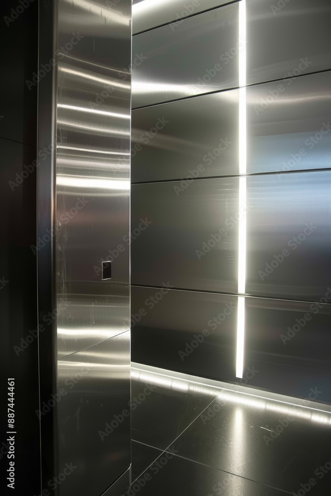 modern minimalist wall panels, stainless steel, close-up, linear lights, lighting strips, white and grey color scheme, dark floor modern minimalist wall panels, stainless steel, close-up, linear lights, lighting strips, white and grey color scheme, dark floor
