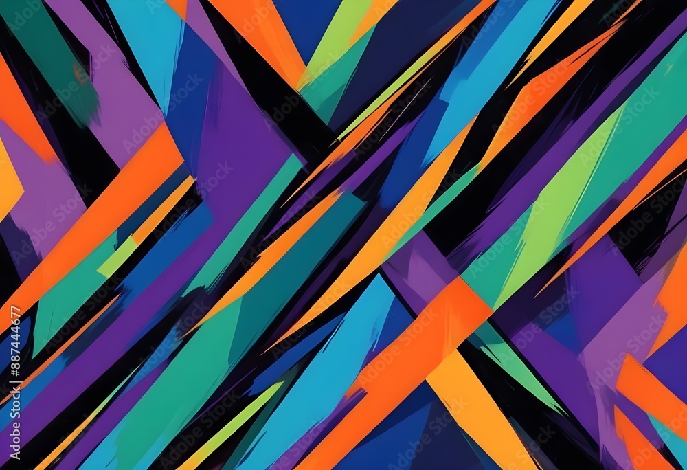 Colorful abstract geometric pattern with overlapping diagonal shapes in various vibrant colors including orange, green, blue, purple, and black Colorful abstract geometric pattern with overlapping diagonal shapes in various vibrant colors including orange, green, blue, purple, and black